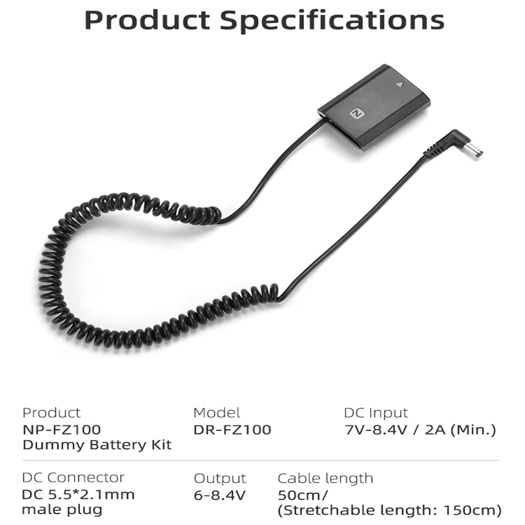 NP-FZ100 Dummy Battery with Type-C DC Coupler for Sony Mirrorless Cameras | Continuous Power Supply for Video Recording, Live Streaming & Studio Use