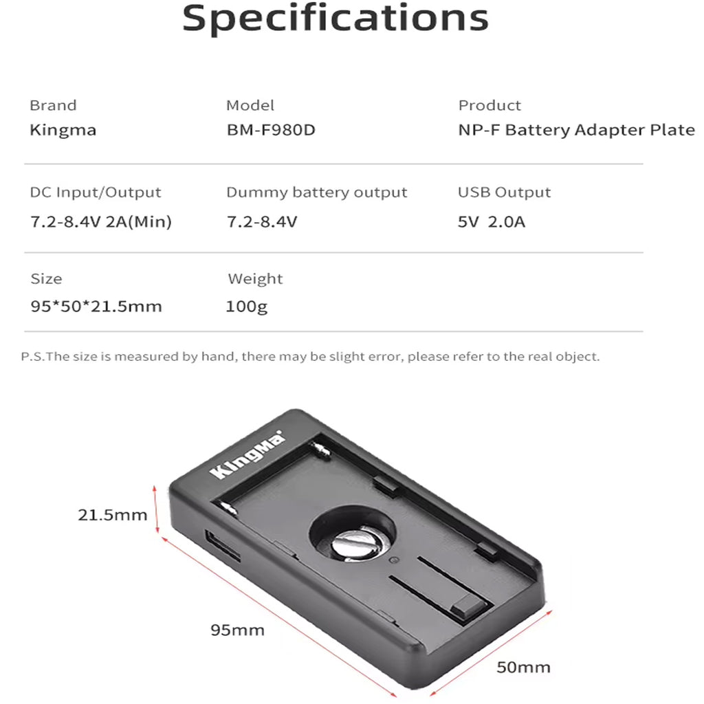 KingMa NPF Battery Adapter Mount Plate NP-F970-F980 Series Dummy Battery Power System with DC Port, USB Port and LED Indicator