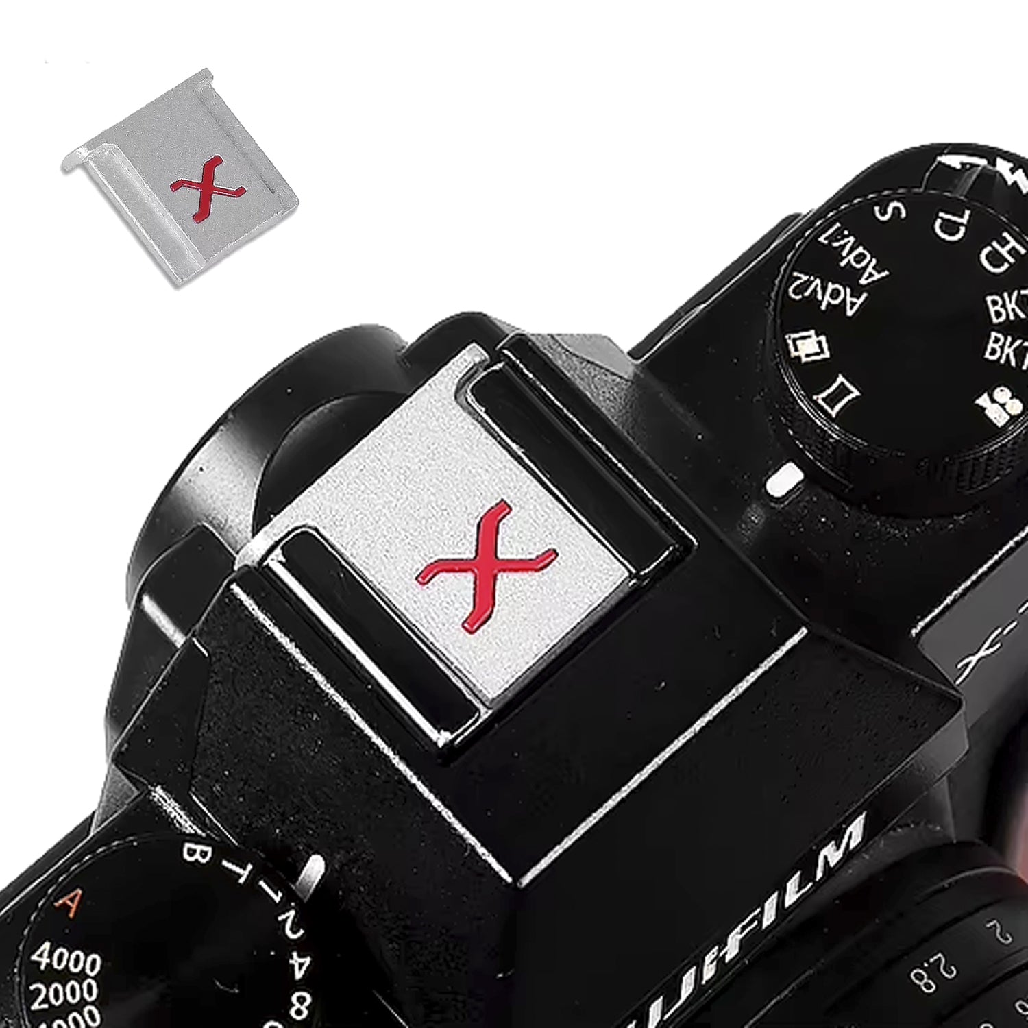 Hot Shoe Mount Protection Cover Dustproof Camera Flashmount Cap RED on Silver Compatible with Fujifilm X Series